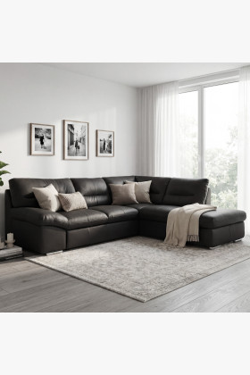 Valódi bőr sarokkanapé fekete, jobb sarok, prémium minőség